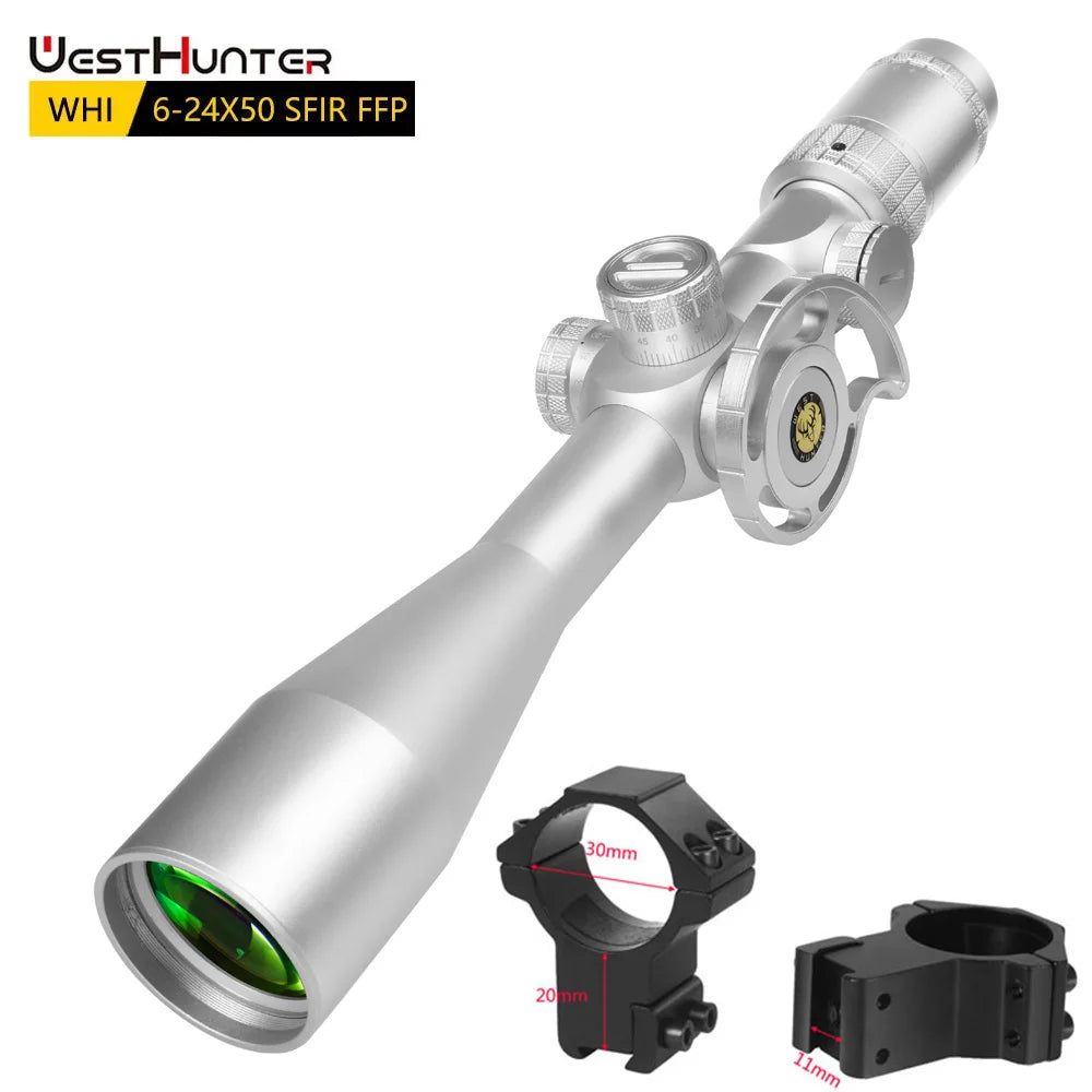 WestHunter WHI 6-24X50 SFIR FFP Scope First Focal Plane Riflescope Big Parallax Wheel R&G Illuminated Lock Reset Sights