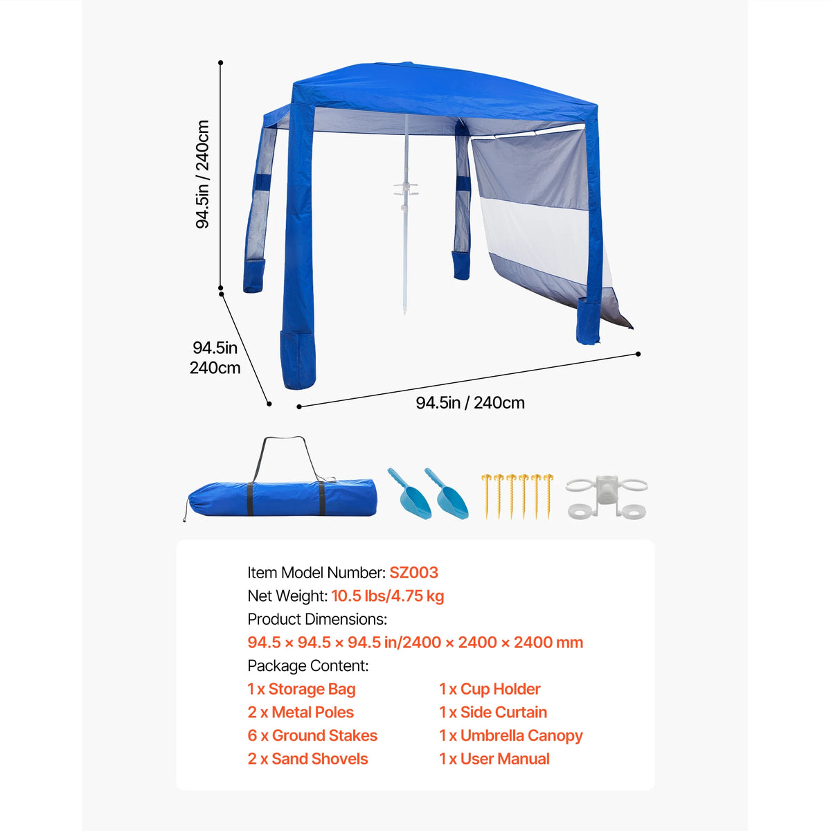 SucceBuy Beach Cabana 8 x 8 ft Adjustable Height Portable UPF 50+ Protection with Side Wall Sand Pockets for Family & Friends