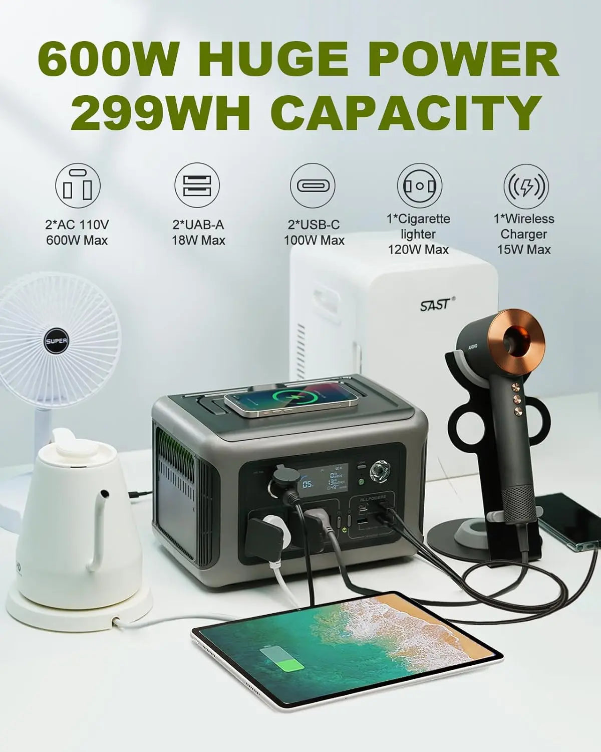 ALLPOWERS R600 Portable Powerstation with Solarpanel (Optional),299Wh 600W LiFePO4 Battery for Home Backup Outdoors Camping RV