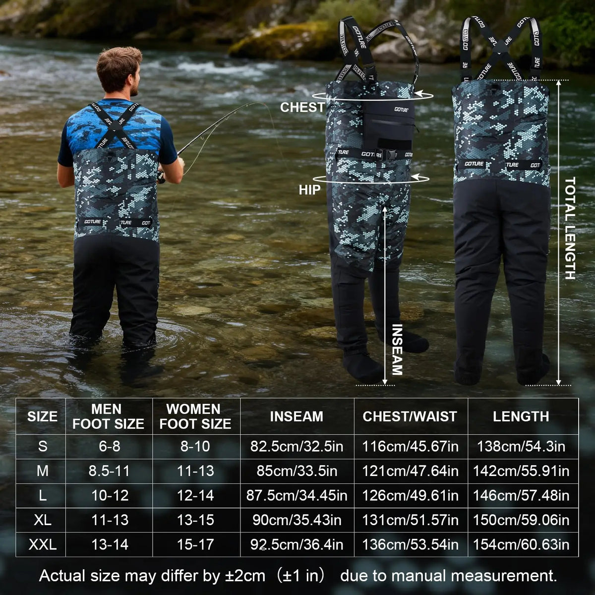 Goture Lightweight Waterproof Fishing Chest Waders with Boots, Breathable Fishing Waders,Handwarmer, Multiple Storage Pockets
