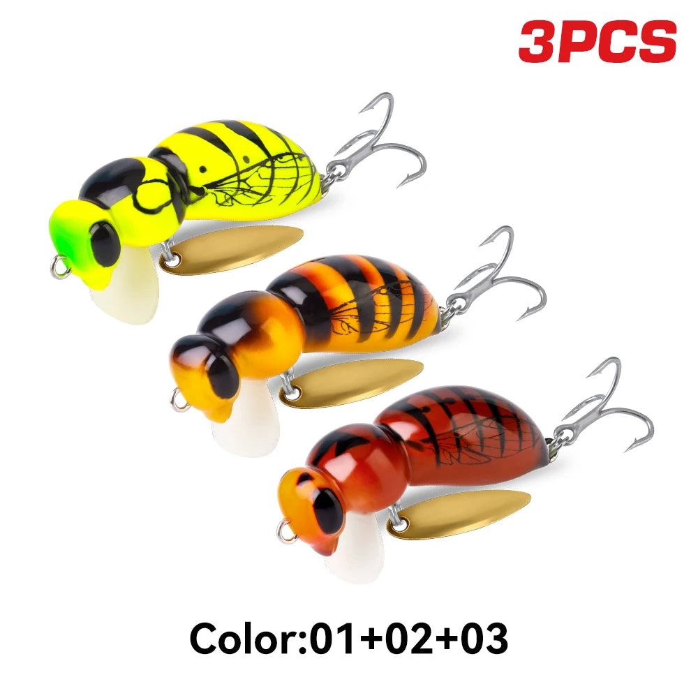 Kingdom 3pcs Wasp Minnow Lure 35mm 3.9g Floating Artificial Hard Wobblers With Spinner Single Hook For Freshwater Bass Trout Pike Fishing