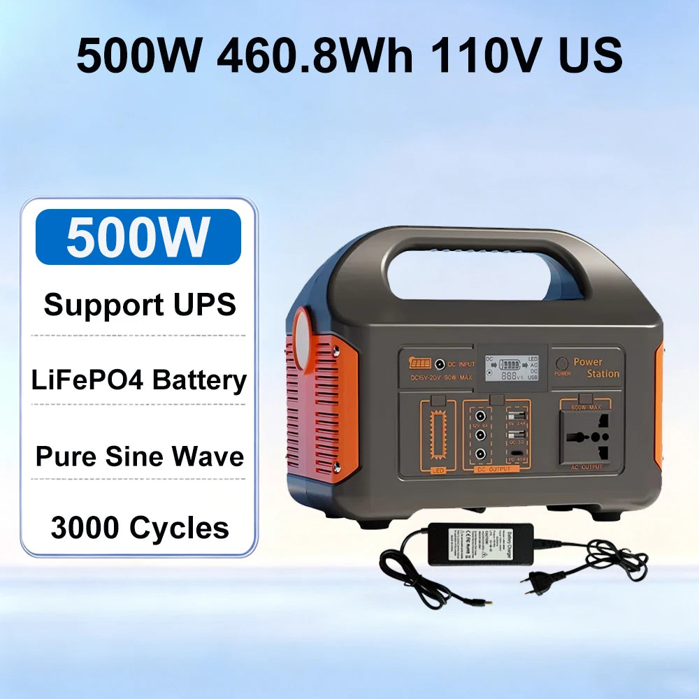 Gaiaray 300W 500W Portable Solar Generator 110V 460.8Wh LiFePO4 Battery Power Station UPS Backup Power Bank LED Light for Home Camping Outdoor Emergency Power
