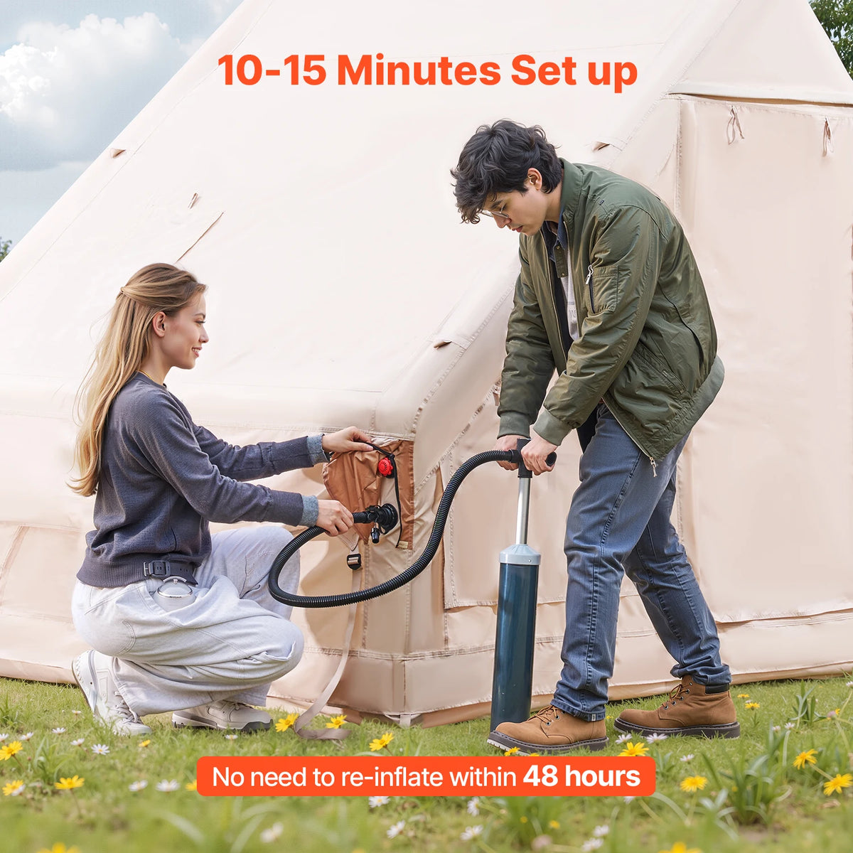 SucceBuy Inflatable Tents for Camp 3-5 Person Easy Setup Blow up Tent with Hand Pump 300D Oxford Tent with Doors & Mesh Windows