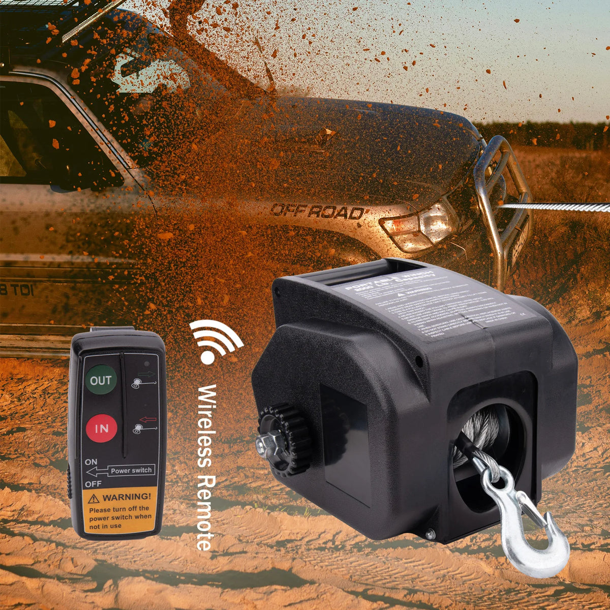 2000LBS 12V Electric Winch Electric IN/OUT with Freewheel Pulley Hook Wireless Remote