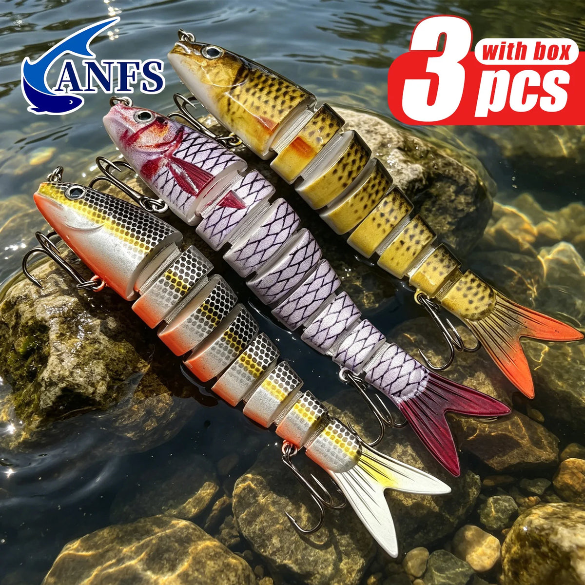 ANFS Fishing Lure kit of 3pcs with Lure Box, 8 Segment Multi Jointed Artificial Bait Slow Sinking Bionic Fishing Bait ,Cool Fishing Gear