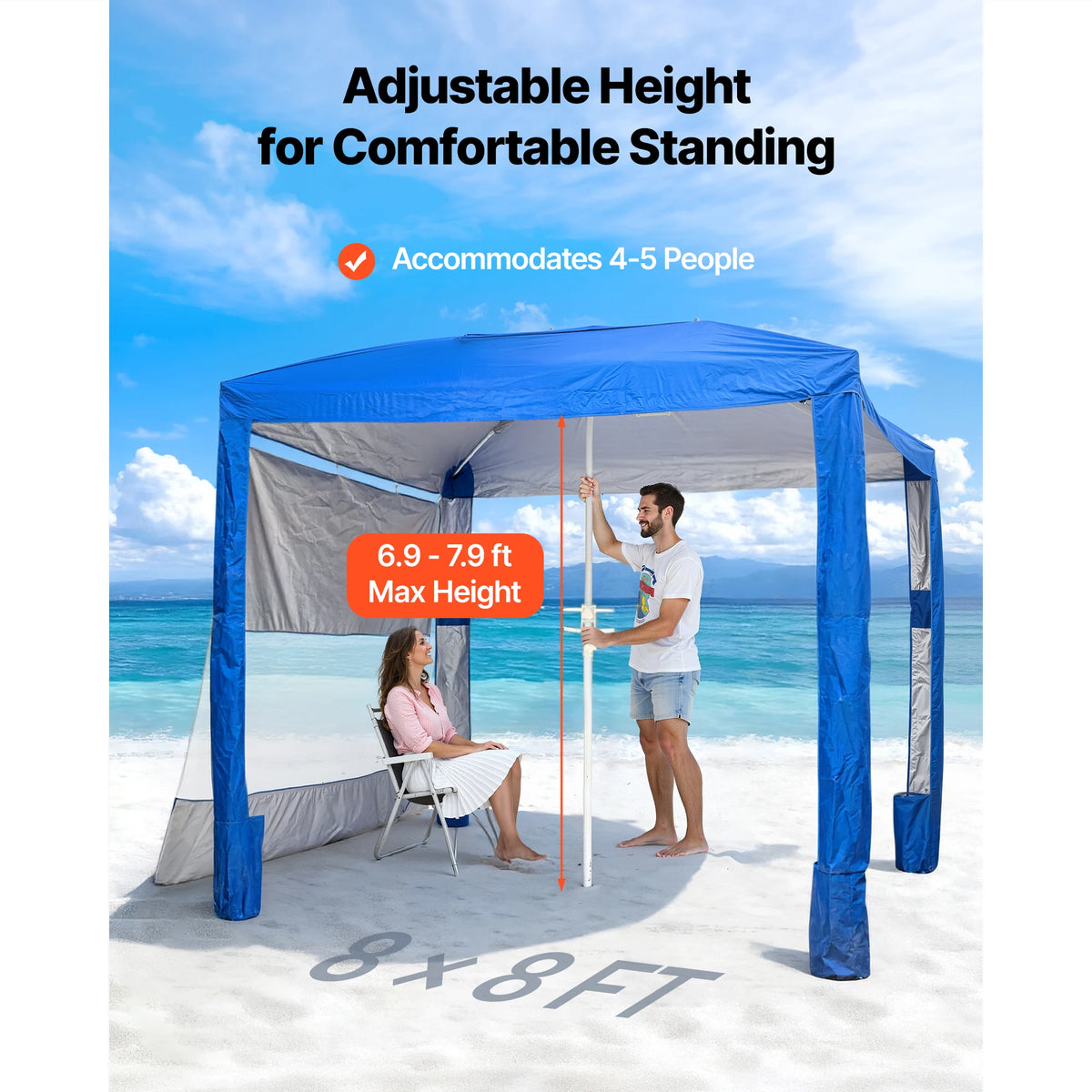 SucceBuy Beach Cabana 8 x 8 ft Adjustable Height Portable UPF 50+ Protection with Side Wall Sand Pockets for Family & Friends