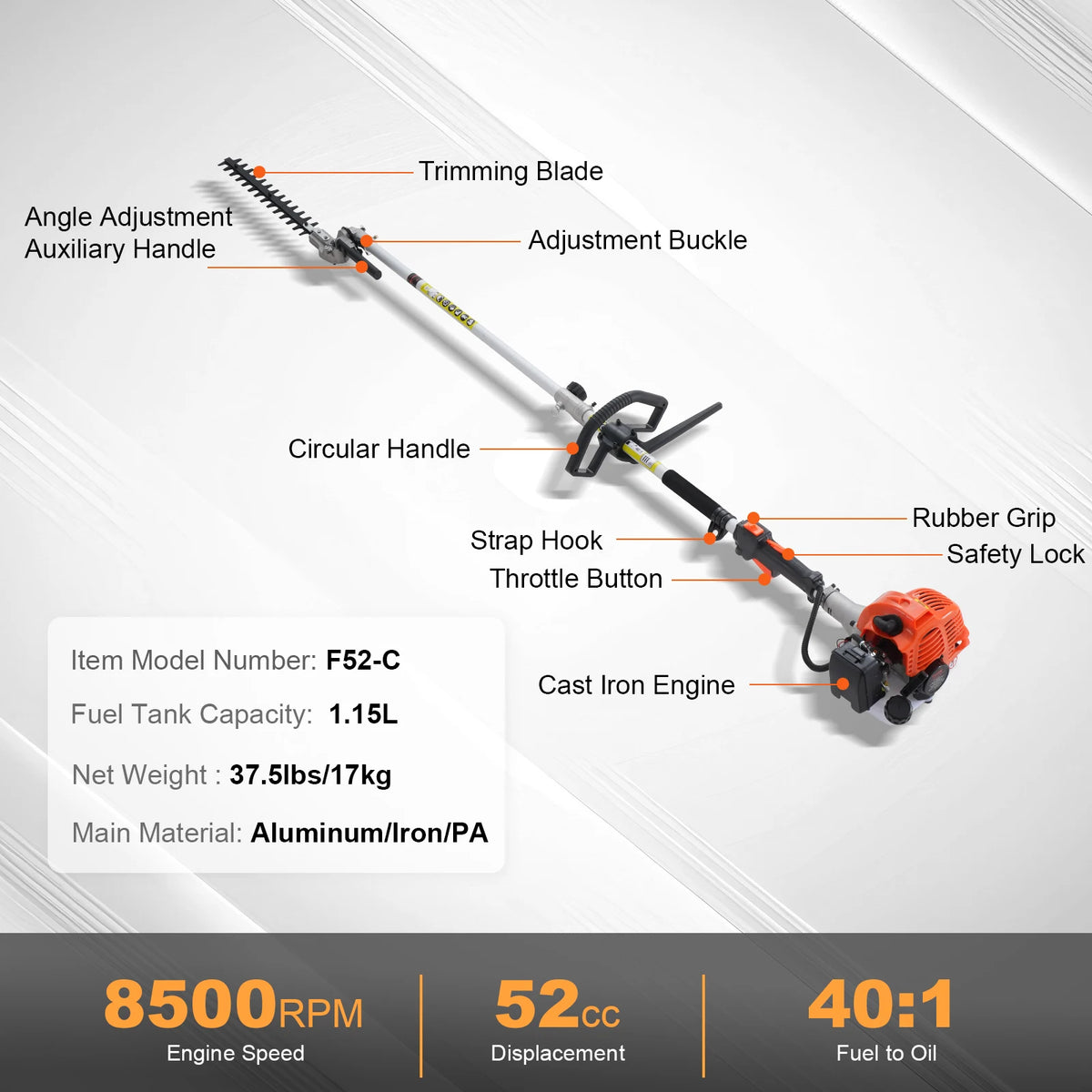 SucceBuy 52CC 6-in-1 MultiFunctional Trimming Tools Gas Hedge Trimmer Weed Eater String Trimmer Brush Cutter Edger Pole Chainsaw