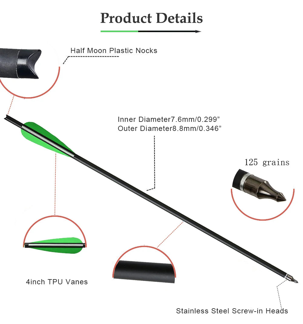 20”/22" Bow Arrows with green white 4" vanes Archery Carbon Arrows Crossbow Bolt Arrows for Archery Hunting Shooting