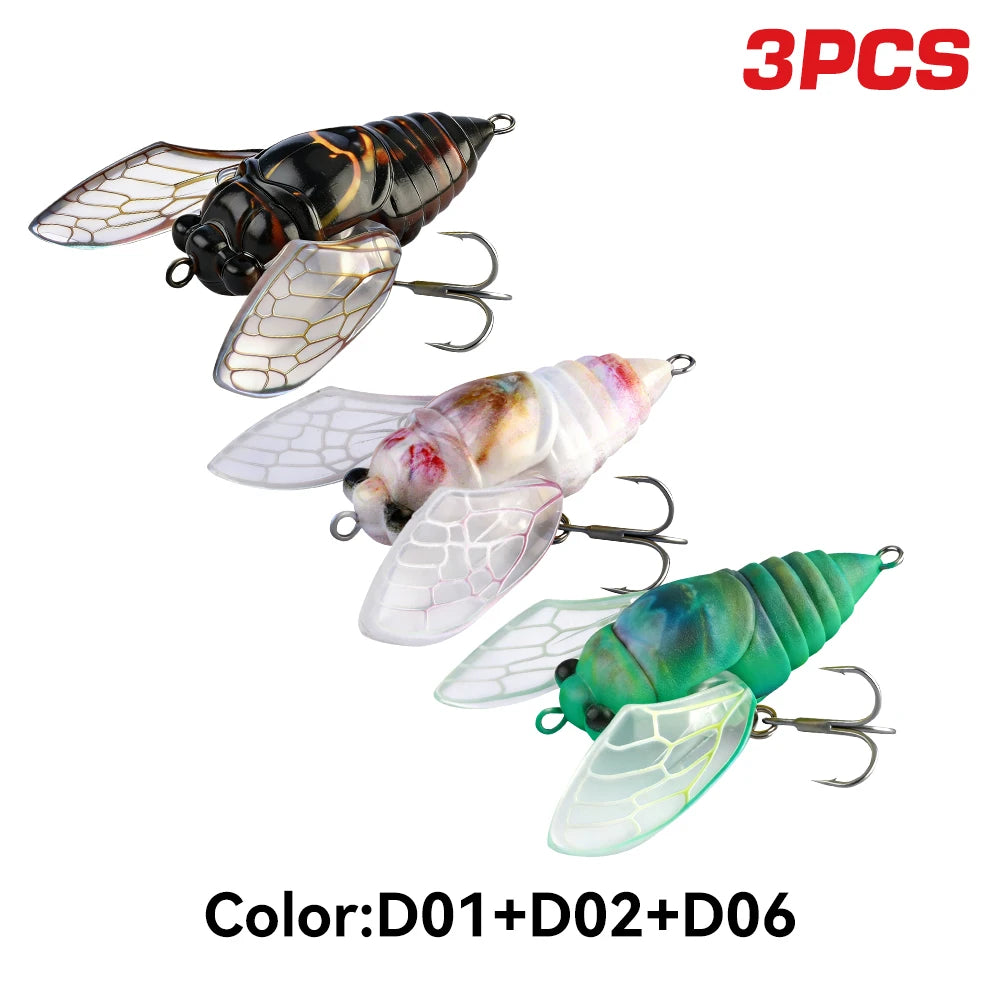 Kingdom 3pcs New Cicada Fishing Bait 27mm 2.4g Topwater Bionic Insect With Swings Artificial Hard Wobbers For Bass Trout Fishing