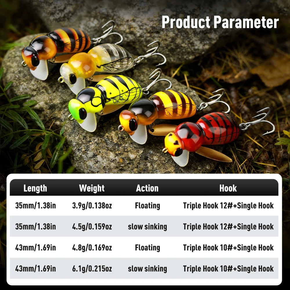 Kingdom 3pcs Wasp Minnow Lure 35mm 3.9g Floating Artificial Hard Wobblers With Spinner Single Hook For Freshwater Bass Trout Pike Fishing