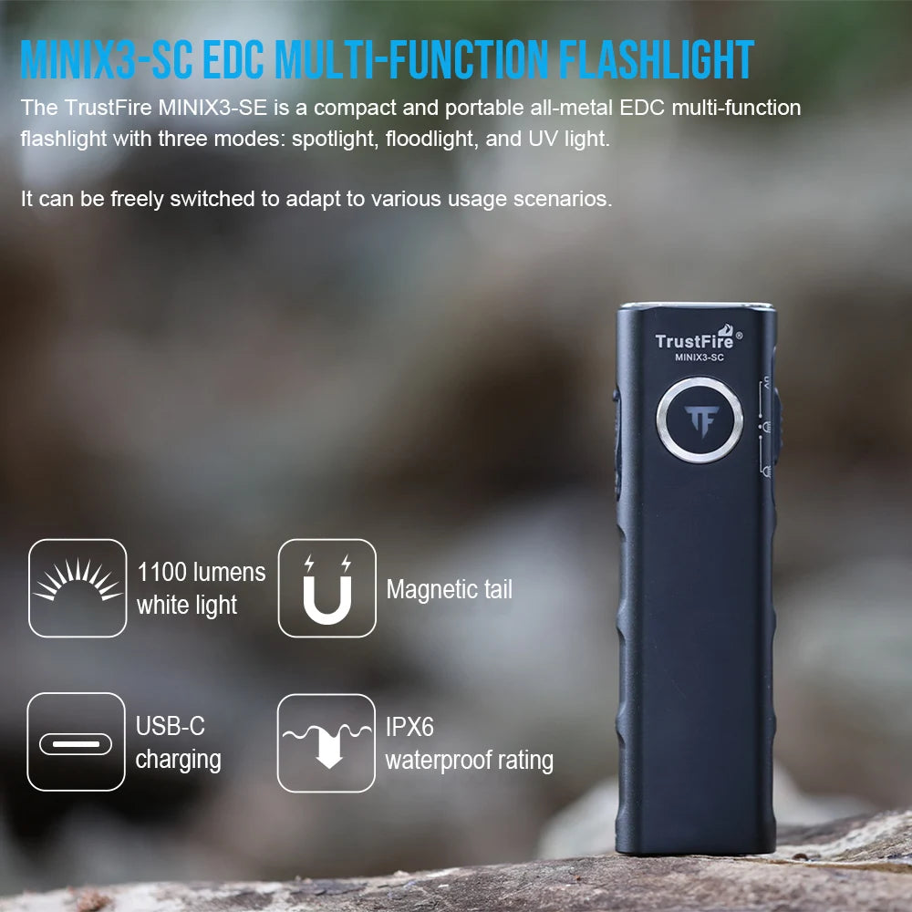 TrustFire MINIX3-SC 3-in-1 Rechargeable EDC LED Flashlight With UV Light 1100 Lumens 1500mAh Pocket Lantern IPX6 Waterproof Flat LED Torch for Camping