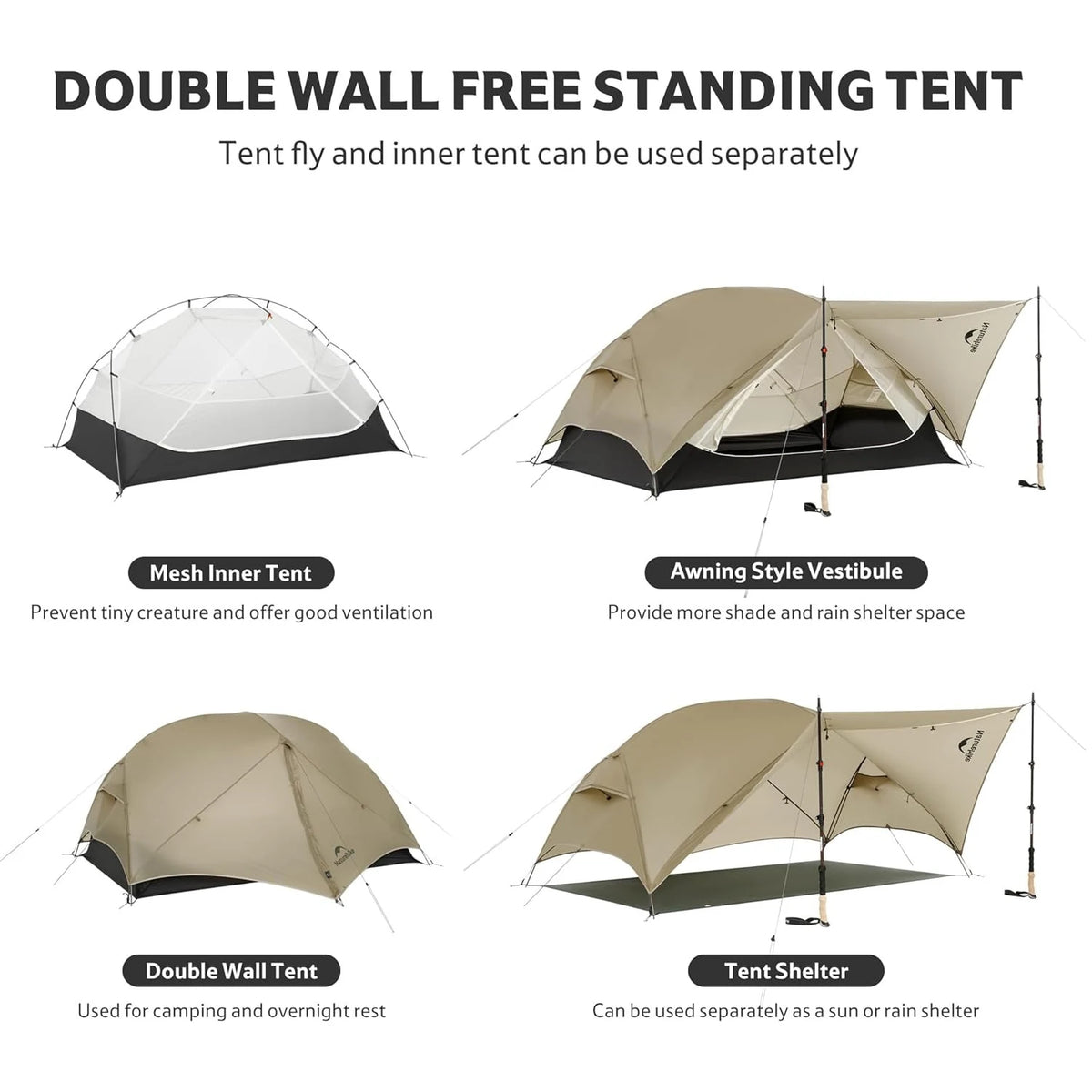 Naturehike Mongar UL Tent 2 Person 3 Season Camping Tent 15D Waterproof Ultralight Backpacking Tent for Hiking Cycling