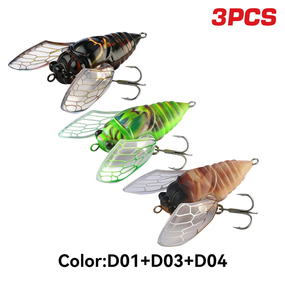 Kingdom 3pcs New Cicada Fishing Bait 27mm 2.4g Topwater Bionic Insect With Swings Artificial Hard Wobbers For Bass Trout Fishing