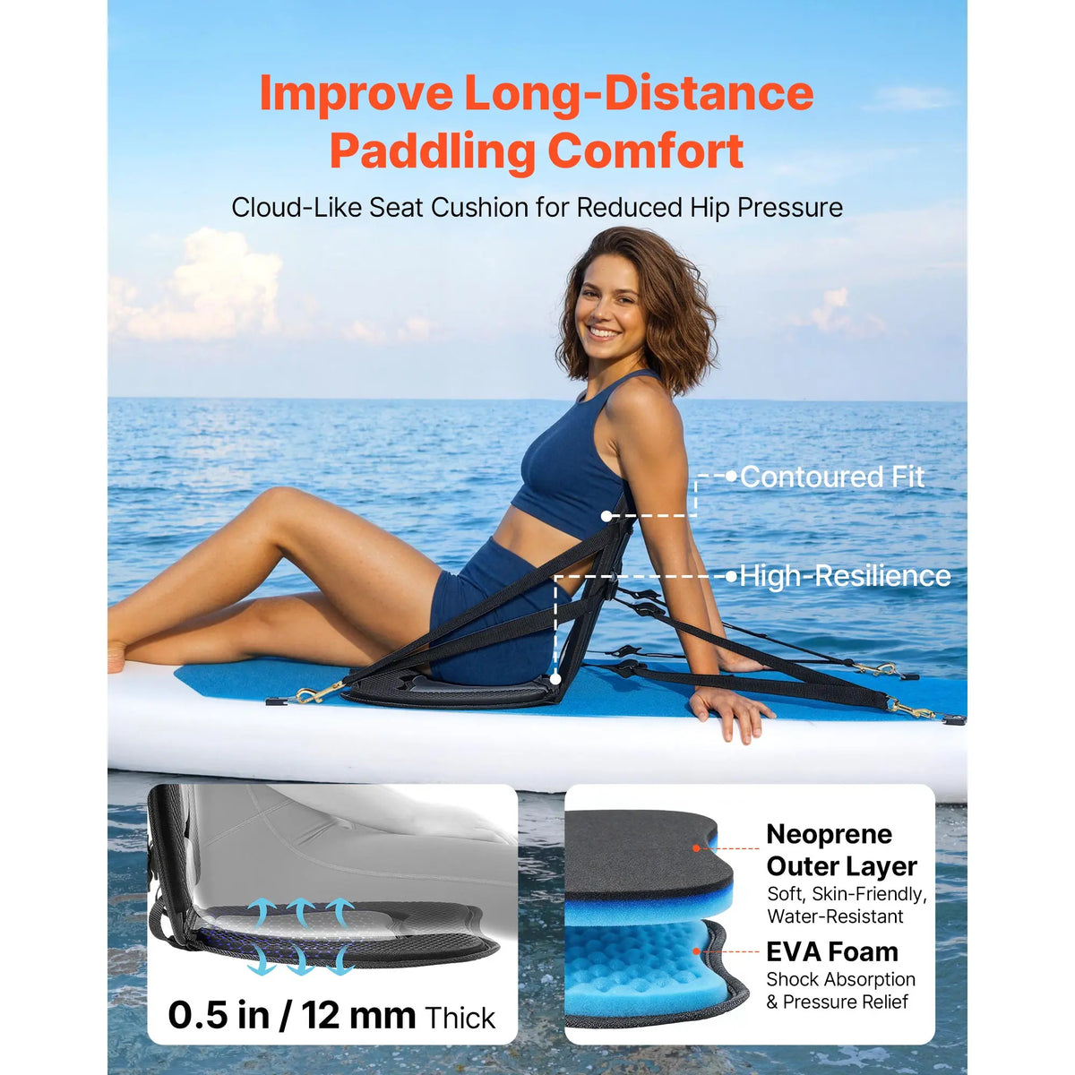 SucceBuy Kayak Seat Universal Paddle Board Seat with Back Support Sit-on-Top Padded Cushion with Bag & Adjustable Straps for SUP