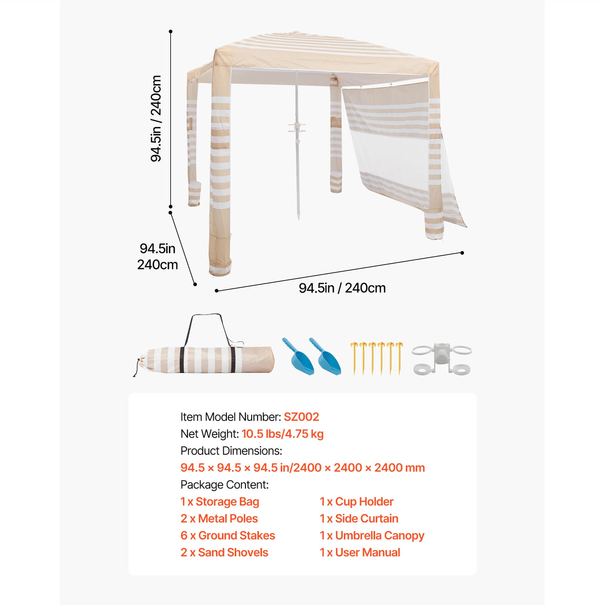SucceBuy Beach Cabana 8 x 8 ft Adjustable Height Portable UPF 50+ Protection with Side Wall Sand Pockets for Family & Friends