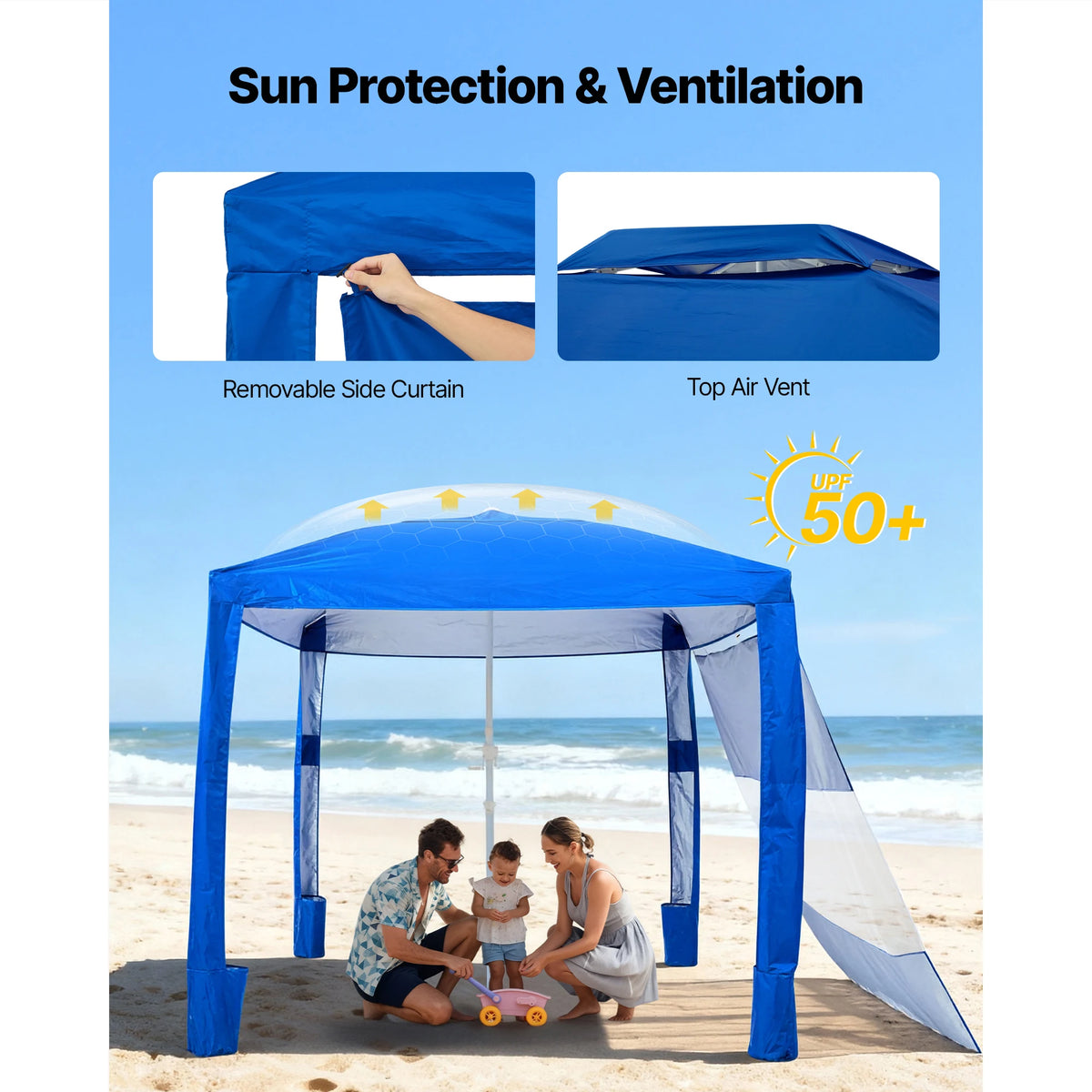 SucceBuy Beach Cabana 8 x 8 ft Adjustable Height Portable UPF 50+ Protection with Side Wall Sand Pockets for Family & Friends