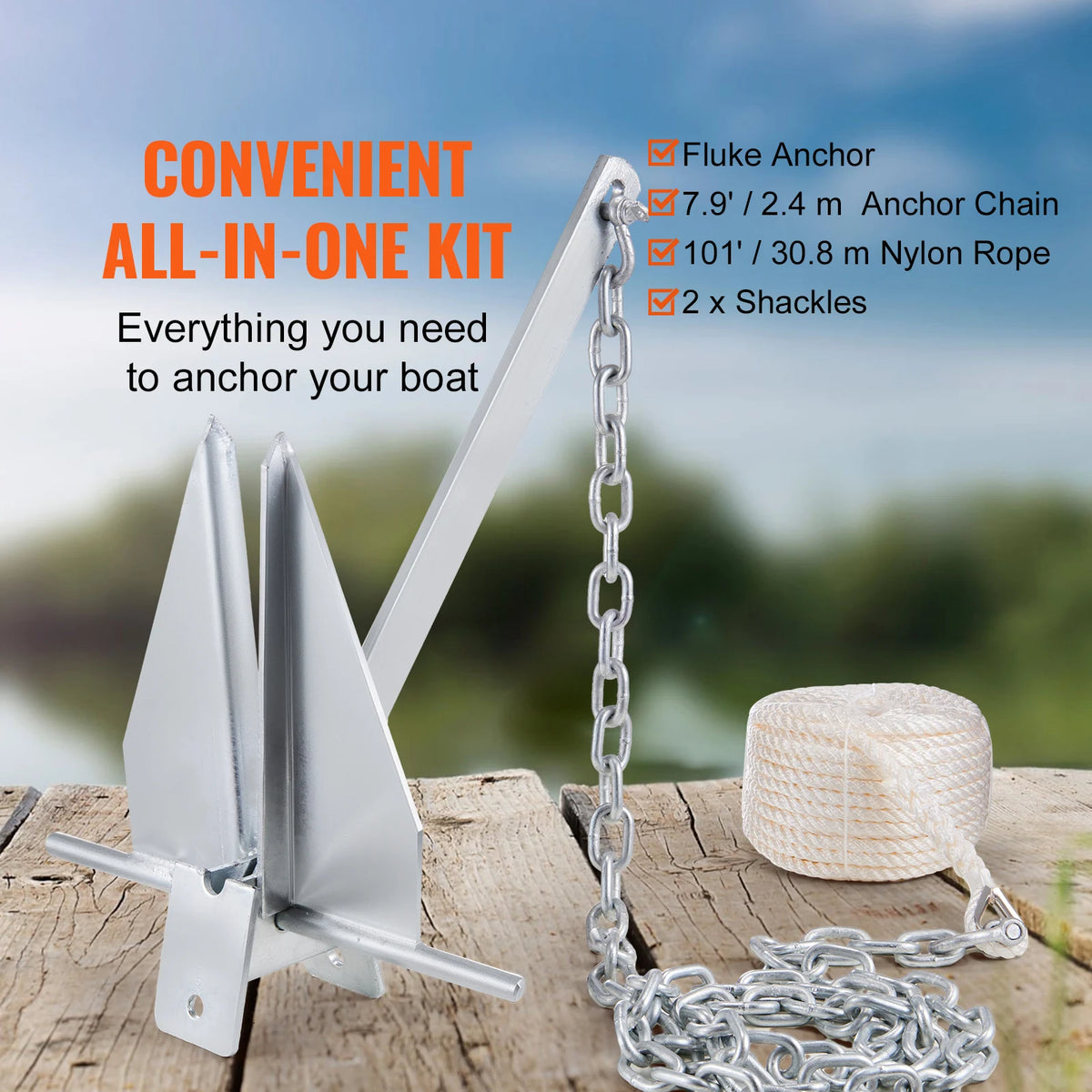 SucceBuy Fluke Style Anchor Kit, 13 LBS Hot-Dipped Galvanized Steel Fluke Anchor with 7.9' Chain 101' Rope and Two 0.4" Shackles