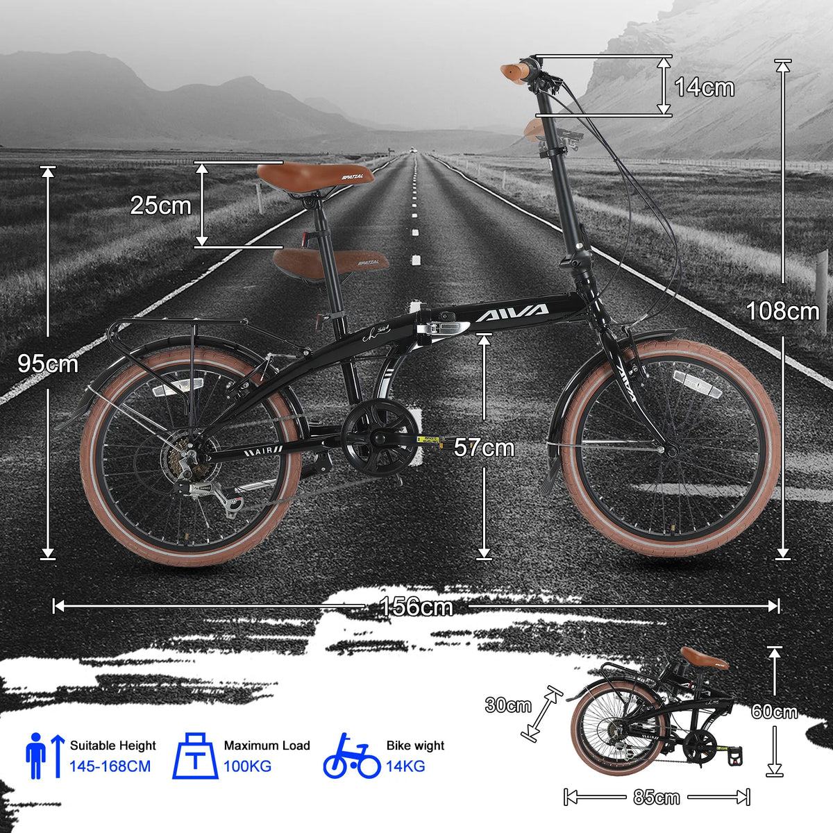 AIVA 20FD 20 Inch Folding Bike, 7 Speed City Bicycle for Teenagers and Adults, Lightweight Aluminum Frame, V-Brakes, Off-Road Tire