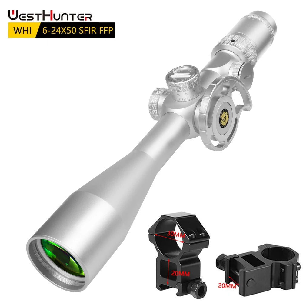 WestHunter WHI 6-24X50 SFIR FFP Scope First Focal Plane Riflescope Big Parallax Wheel R&G Illuminated Lock Reset Sights