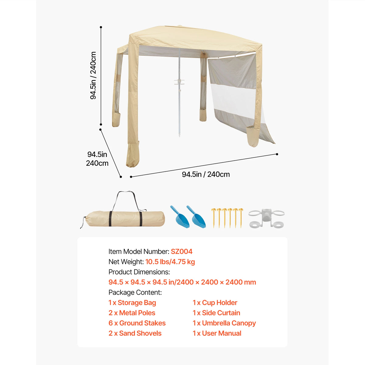 SucceBuy Beach Cabana 8 x 8 ft Adjustable Height Portable UPF 50+ Protection with Side Wall Sand Pockets for Family & Friends