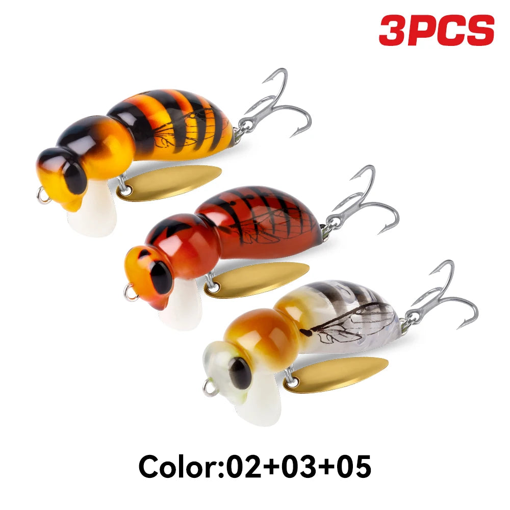 Kingdom 3pcs Wasp Minnow Lure 35mm 3.9g Floating Artificial Hard Wobblers With Spinner Single Hook For Freshwater Bass Trout Pike Fishing