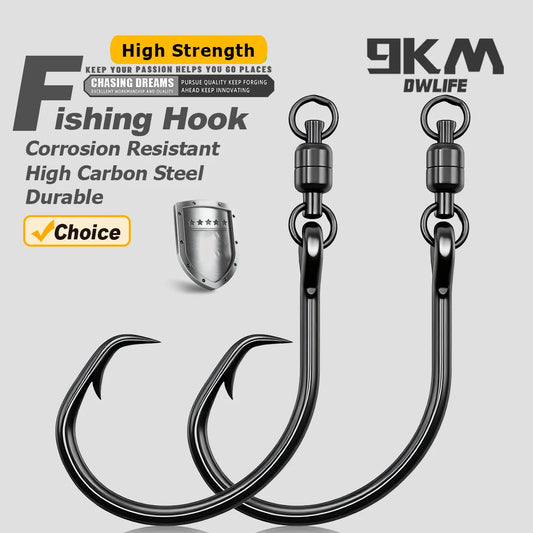 9KM 5Pcs Circle Hooks wiht Swivels, High Carbon Steel Extra Sharp for Freshwater Saltwater Big Game Fishing