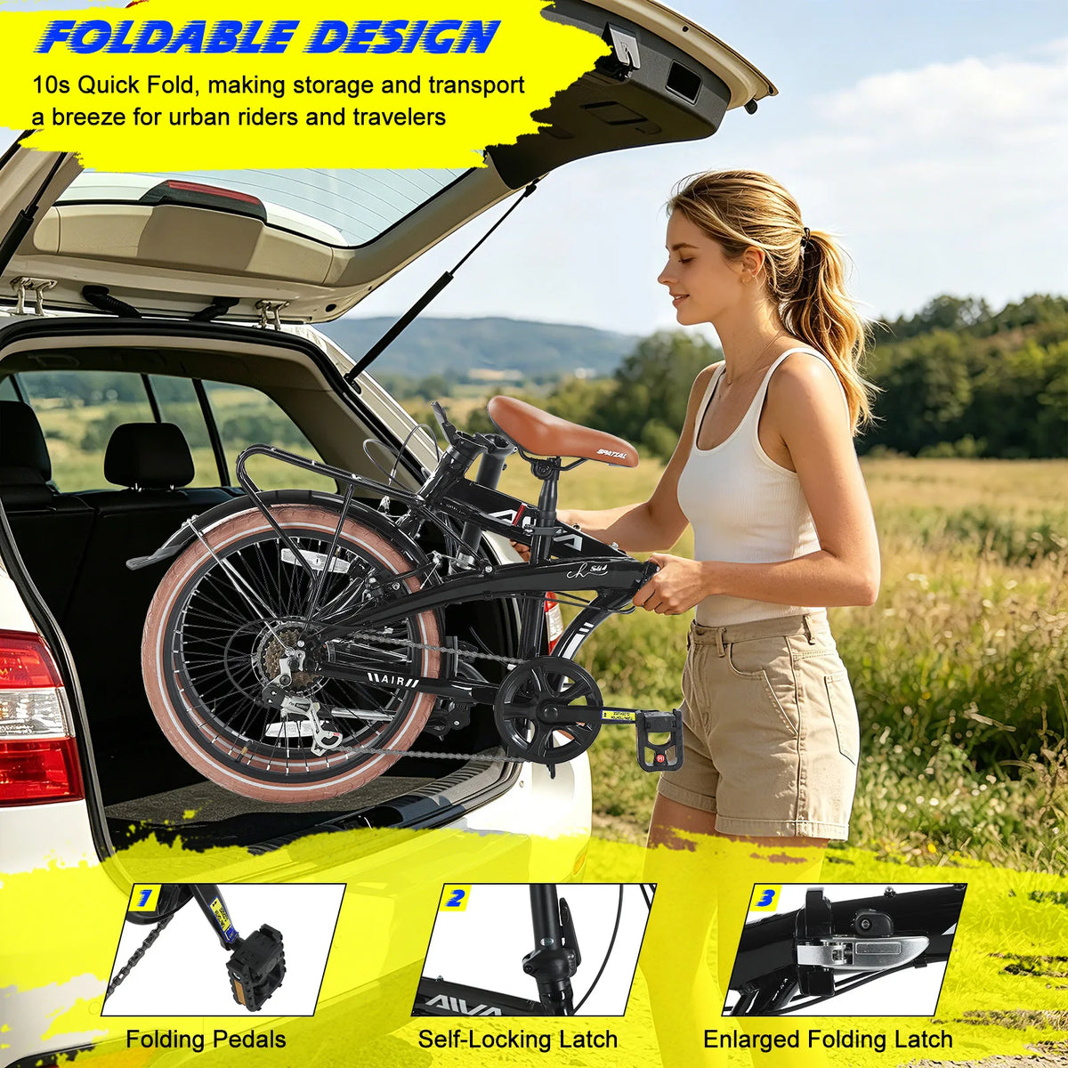 AIVA 20FD 20 Inch Folding Bike, 7 Speed City Bicycle for Teenagers and Adults, Lightweight Aluminum Frame, V-Brakes, Off-Road Tire