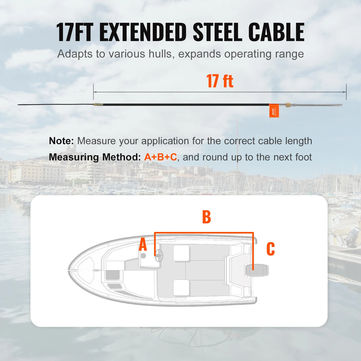 SucceBuy Boat Steering Cable 17 Feet Outboard Marine Rotary Steering Cable 1/2 Ton High Tensile Strength Universal Compatibility