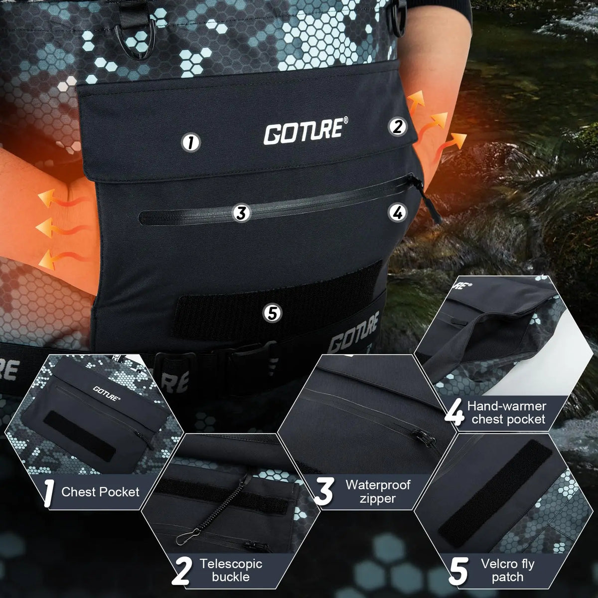 Goture Lightweight Waterproof Fishing Chest Waders with Boots, Breathable Fishing Waders,Handwarmer, Multiple Storage Pockets
