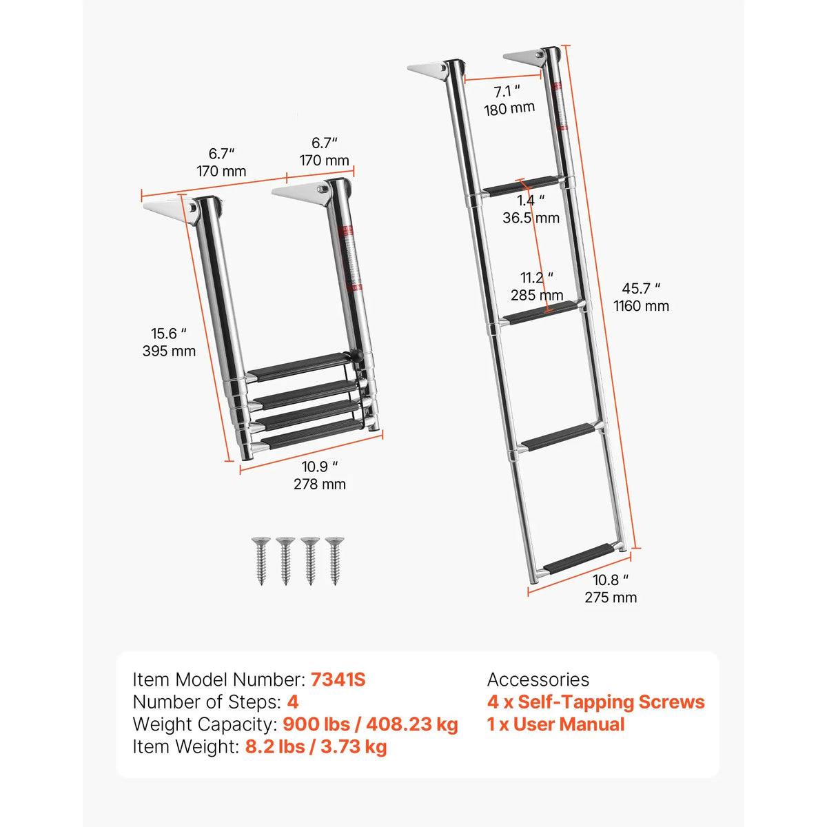 SucceBuy 3/4 Steps Boat Ladder Stainless Steel 600/900 lbs Telescoping Folding Swim Deck Ladder with Anti-Slip Steps for Yacht