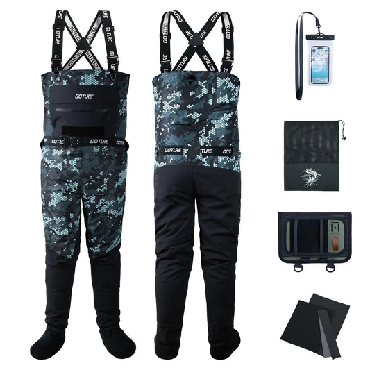 Goture Lightweight Waterproof Fishing Chest Waders with Boots, Breathable Fishing Waders,Handwarmer, Multiple Storage Pockets