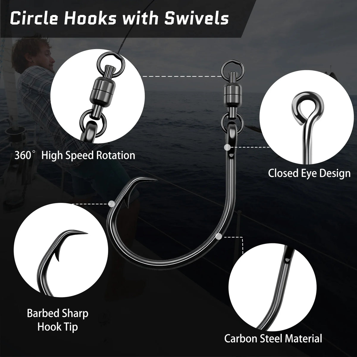 9KM 5Pcs Circle Hooks wiht Swivels, High Carbon Steel Extra Sharp for Freshwater Saltwater Big Game Fishing