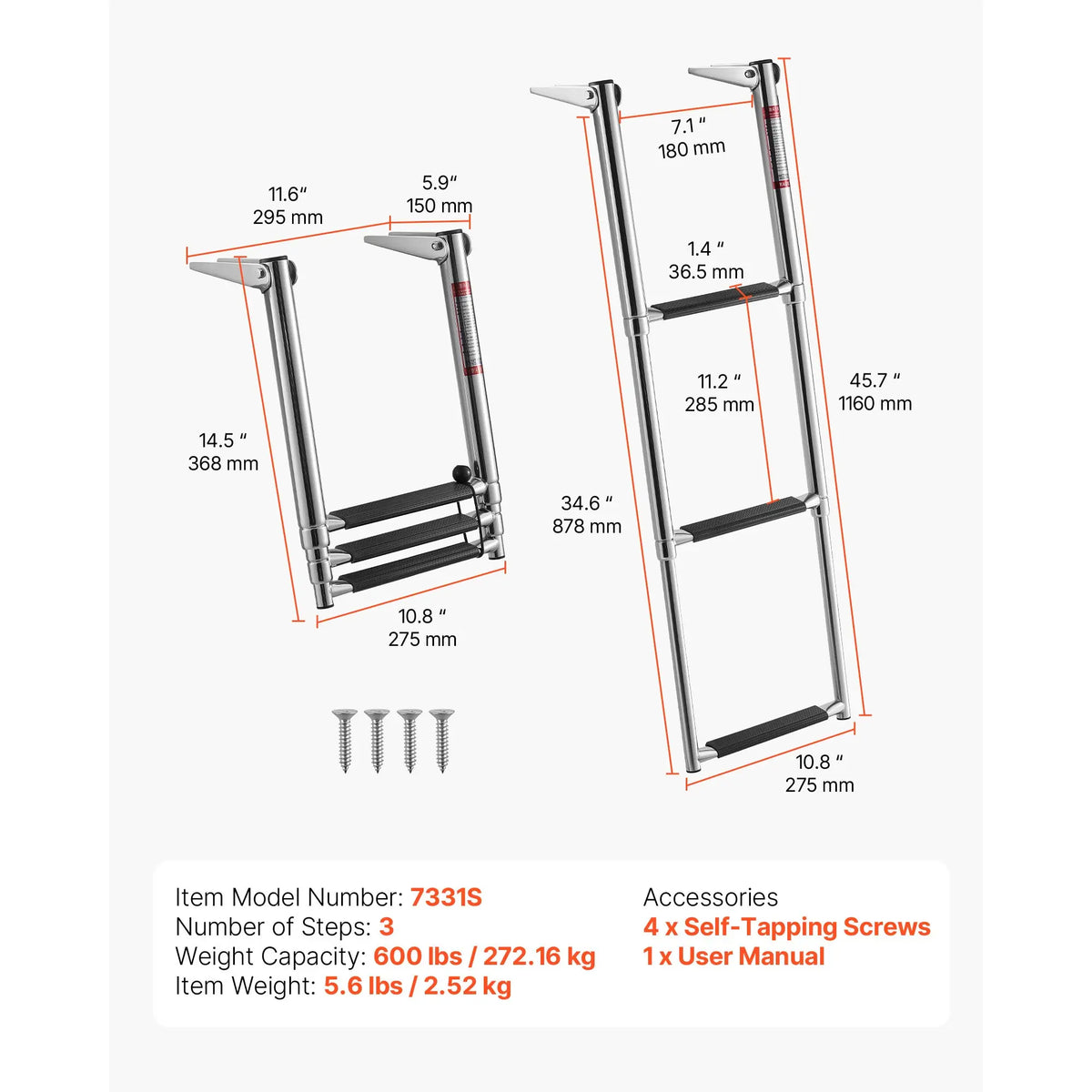 SucceBuy 3/4 Steps Boat Ladder Stainless Steel 600/900 lbs Telescoping Folding Swim Deck Ladder with Anti-Slip Steps for Yacht