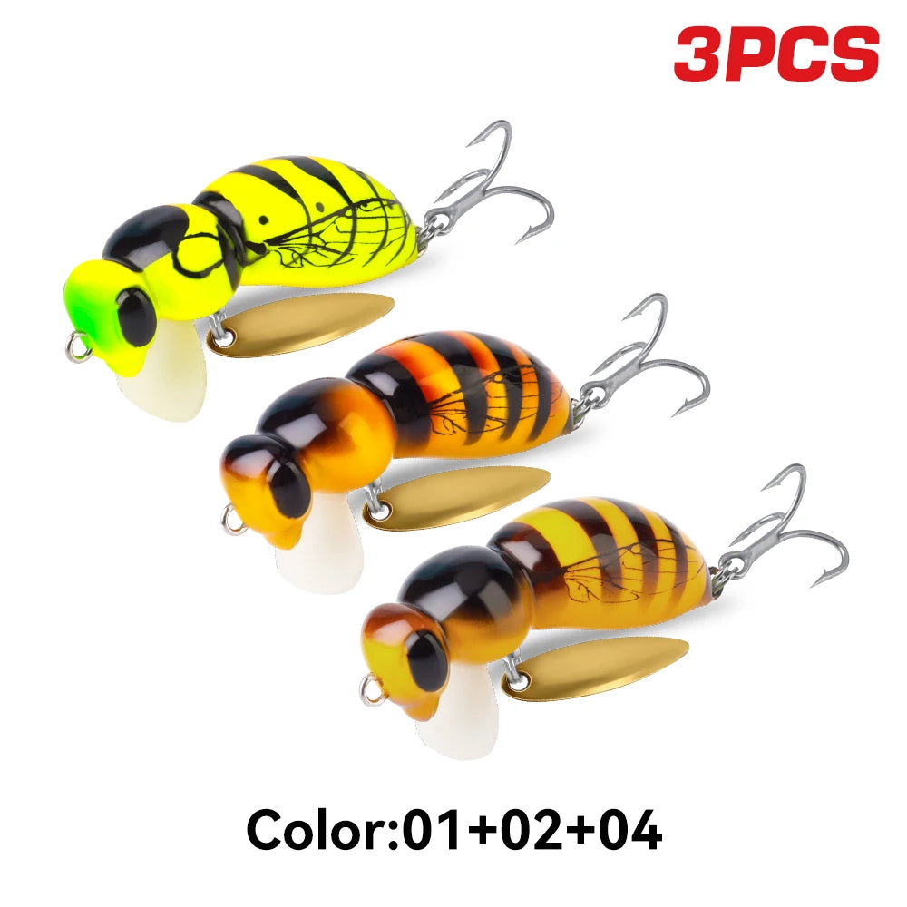 Kingdom 3pcs Wasp Minnow Lure 35mm 3.9g Floating Artificial Hard Wobblers With Spinner Single Hook For Freshwater Bass Trout Pike Fishing