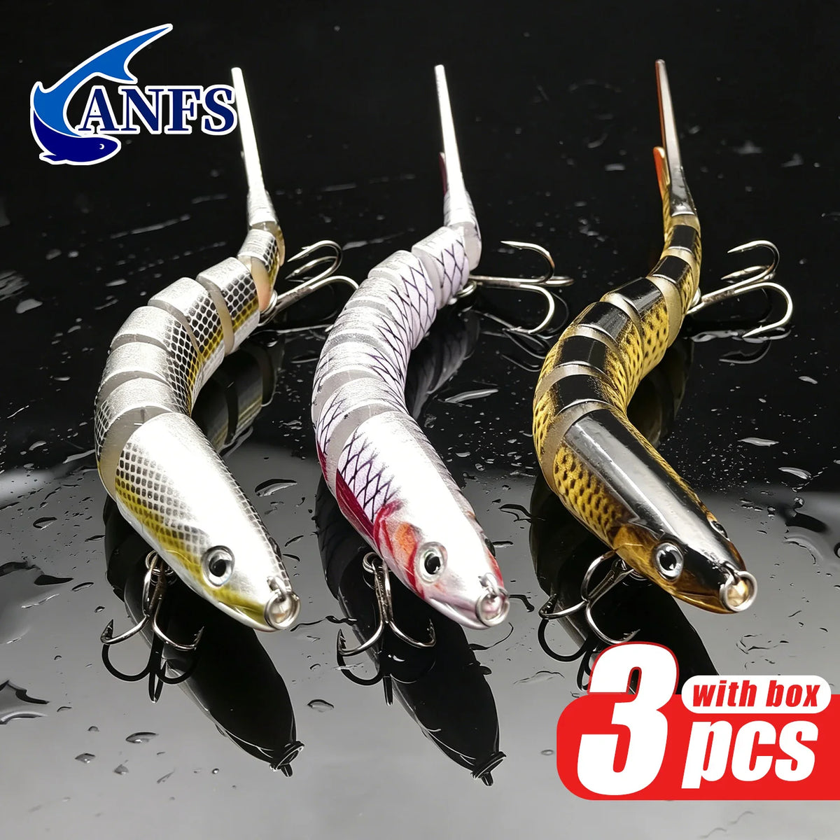ANFS Fishing Lure kit of 3pcs with Lure Box, 8 Segment Multi Jointed Artificial Bait Slow Sinking Bionic Fishing Bait ,Cool Fishing Gear