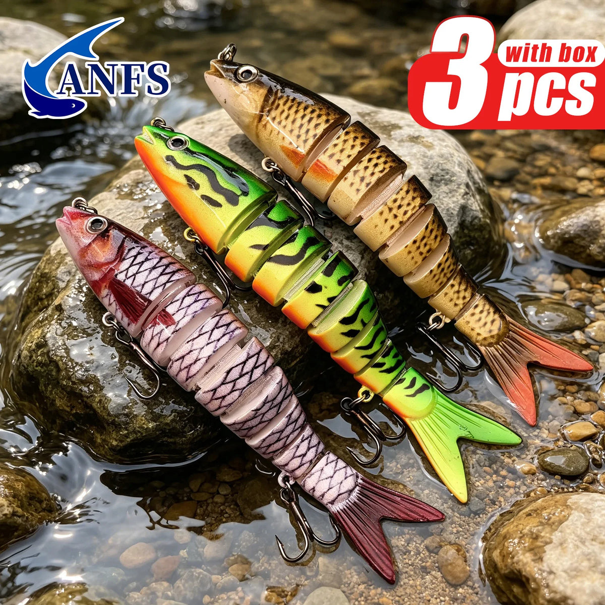 ANFS Realistic Fishing Lure Set of 3pcs, Multi-Jointed Swimbaits Fishing Lures, Lifelike Slow Sinking Artificial Bait for Bass, Trout, Perch -perfect fishing gift for Angle