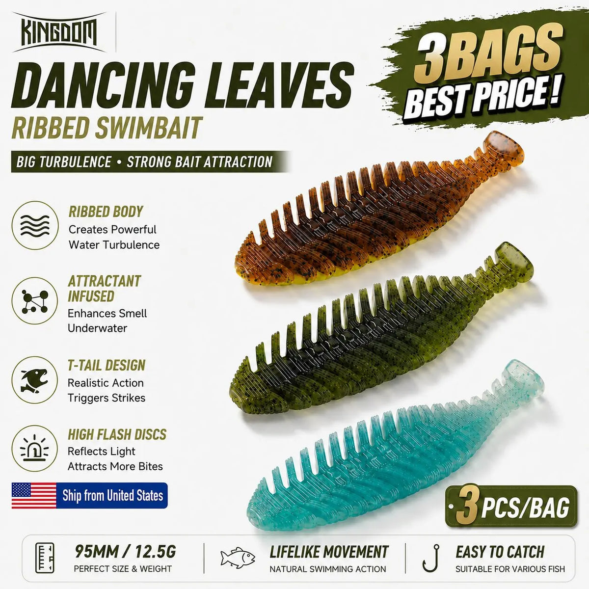 Kingdom 3Bags Soft Lure 95mm 12.5g 3pcs/Bag PVC Soft Shad Bait Smell Added Fat Artificial T Tail VIBE Swimbait For Pike Bass Fishing
