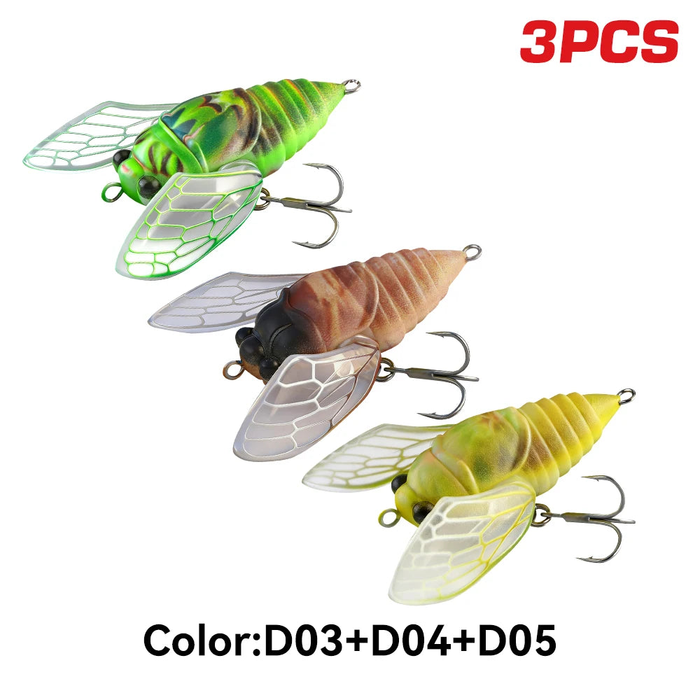 Kingdom 3pcs New Cicada Fishing Bait 27mm 2.4g Topwater Bionic Insect With Swings Artificial Hard Wobbers For Bass Trout Fishing