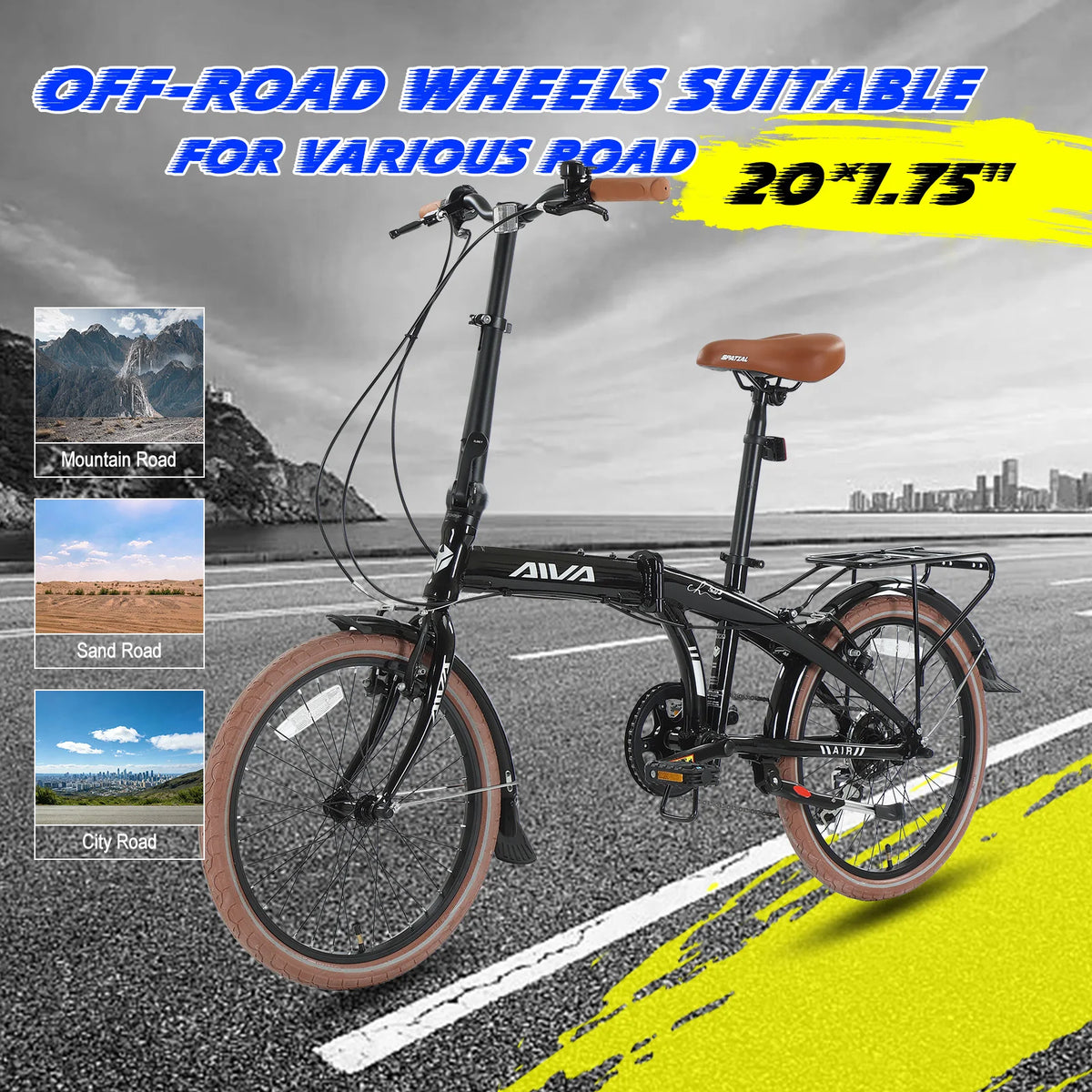 AIVA 20FD 20 Inch Folding Bike, 7 Speed City Bicycle for Teenagers and Adults, Lightweight Aluminum Frame, V-Brakes, Off-Road Tire