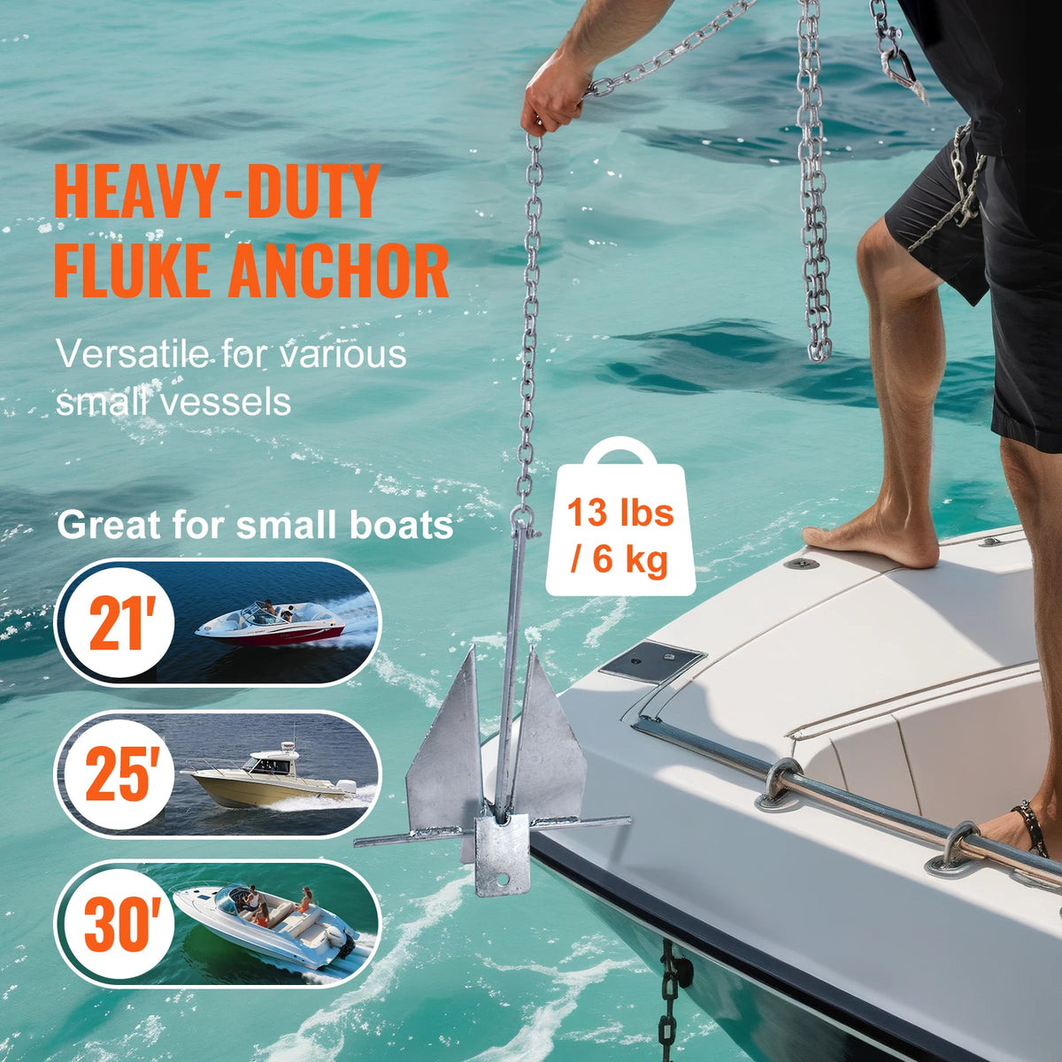 SucceBuy Fluke Style Anchor Kit, 13 LBS Hot-Dipped Galvanized Steel Fluke Anchor with 7.9' Chain 101' Rope and Two 0.4" Shackles