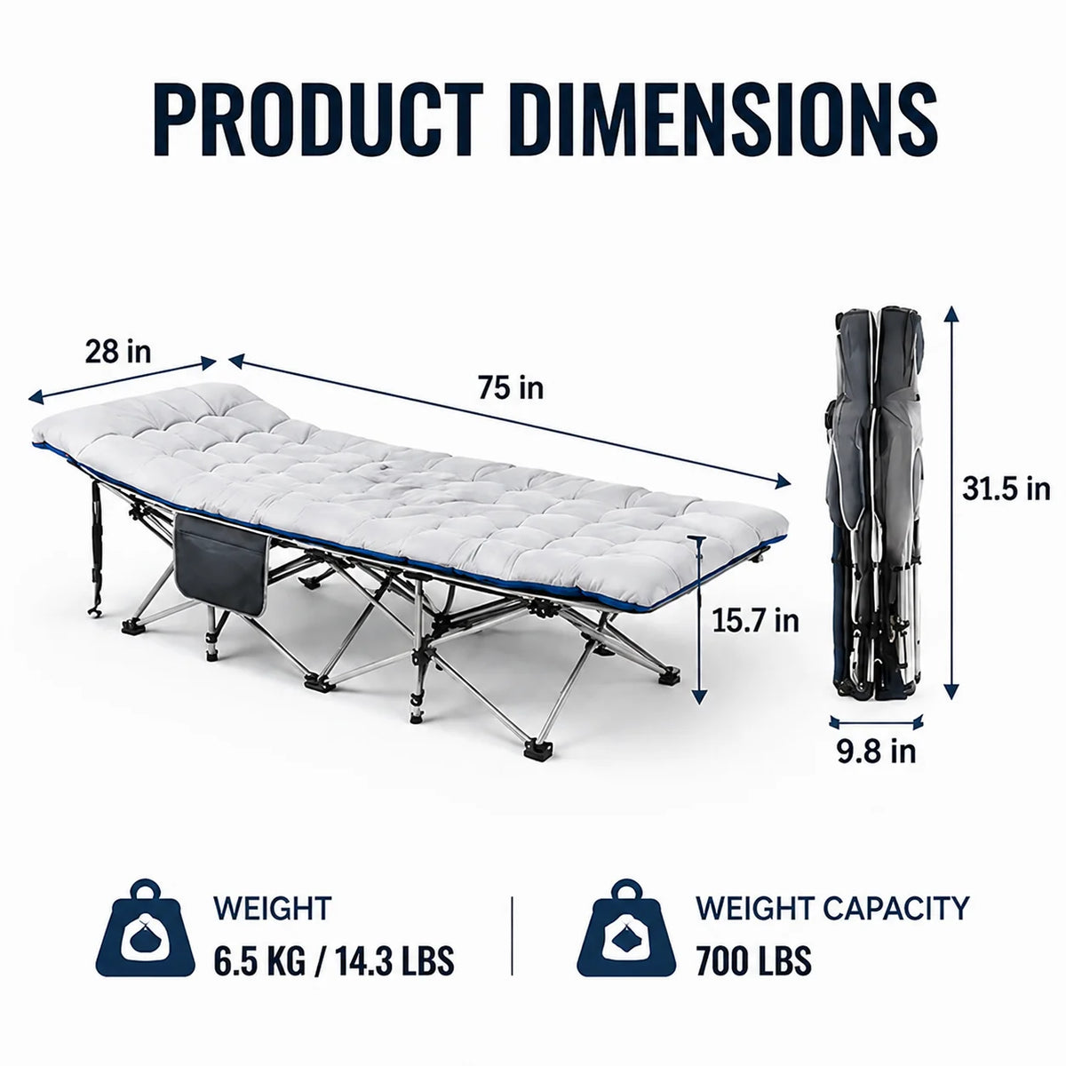 Portable Folding Camping Cot with Thick Mattress – Extra Wide Outdoor Bed with Side Pocket – No Assembly Needed, Heavy Duty Steel Frame for Tent, Hiking, Travel – Easy Carry Sleep System