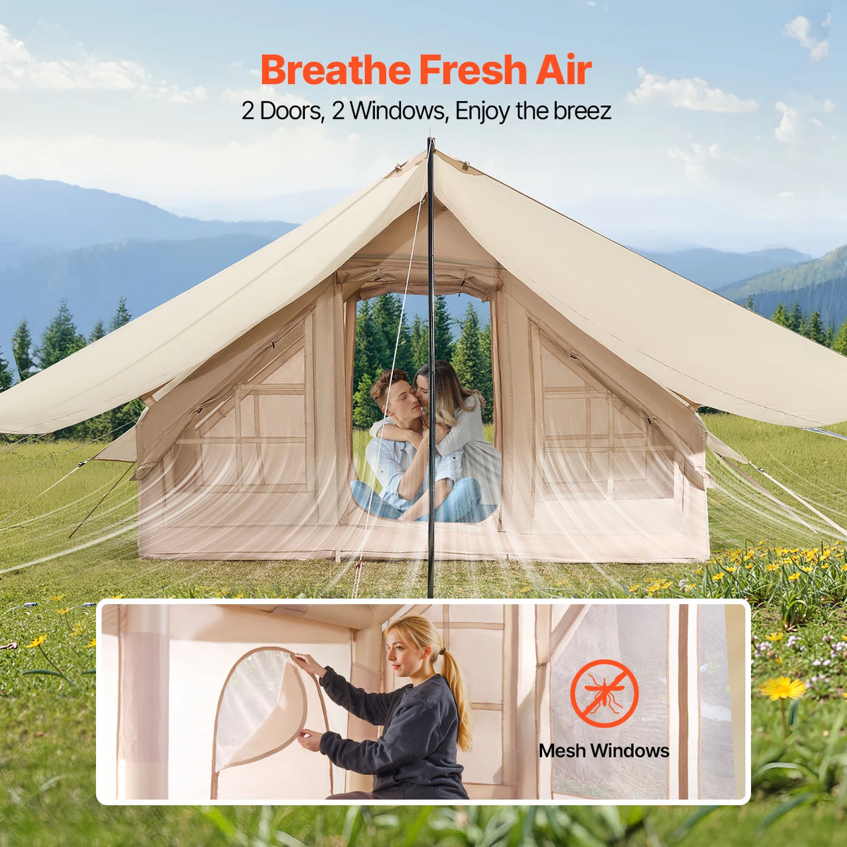 SucceBuy Inflatable Tents for Camp 3-5 Person Easy Setup Blow up Tent with Hand Pump 300D Oxford Tent with Doors & Mesh Windows