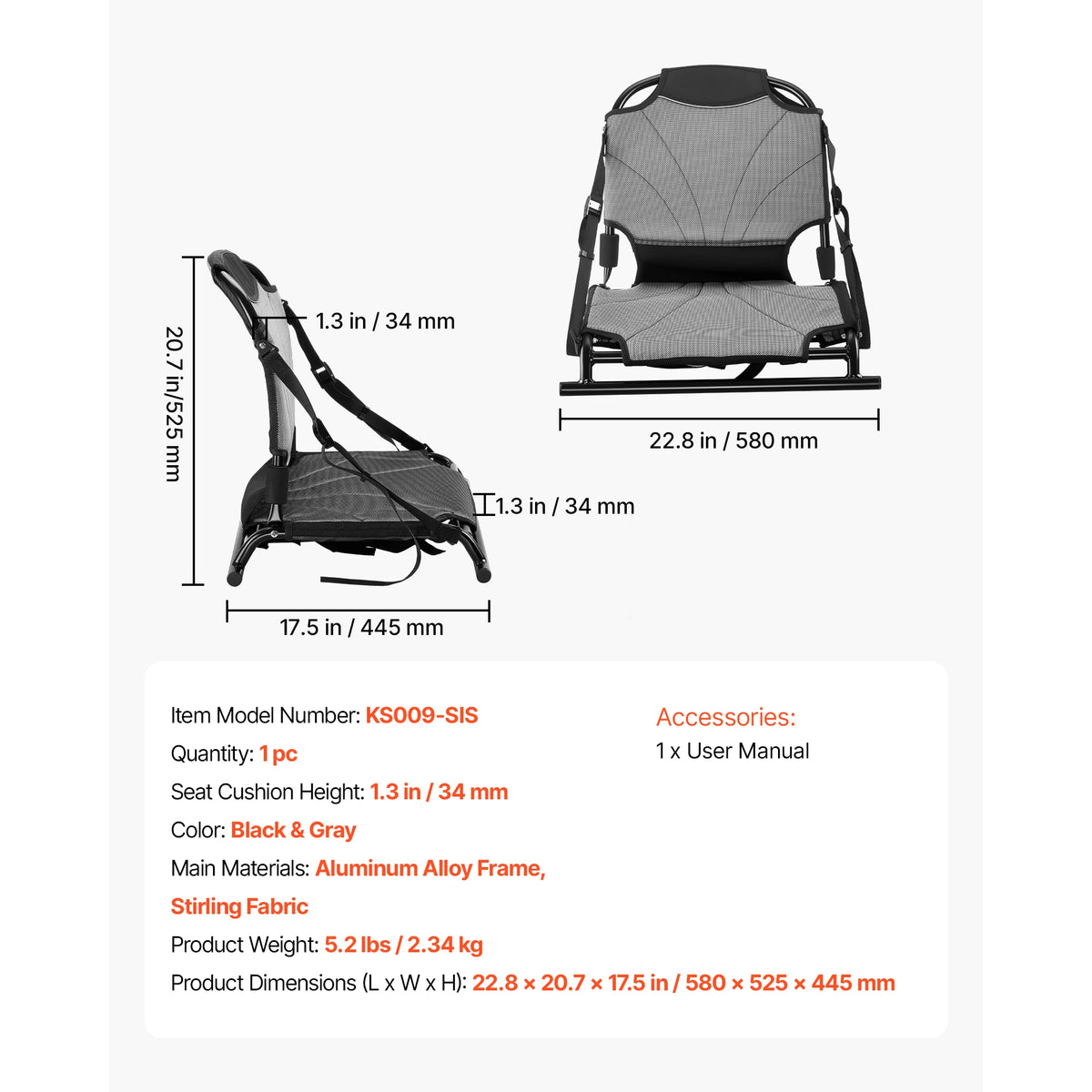 SucceBuy Kayak Seat 1 Pack with Adjustable Back Support Adjustable Straps Aluminum Alloy Frame  for Sit-on-Top Fishing Canoes