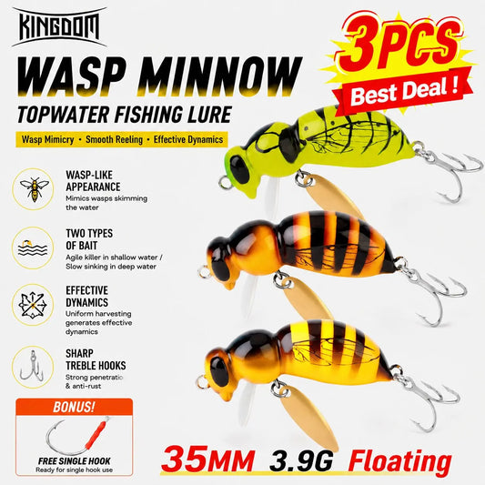 Kingdom 3pcs Wasp Minnow Lure 35mm 3.9g Floating Artificial Hard Wobblers With Spinner Single Hook For Freshwater Bass Trout Pike Fishing