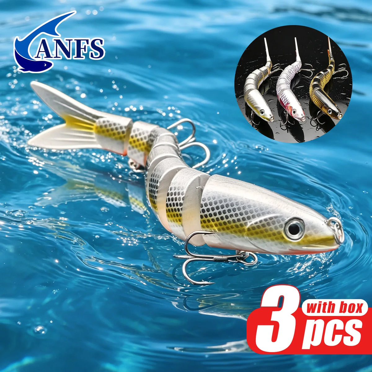 ANFS Fishing Lure kit of 3pcs with Lure Box, 8 Segment Multi Jointed Artificial Bait Slow Sinking Bionic Fishing Bait ,Cool Fishing Gear