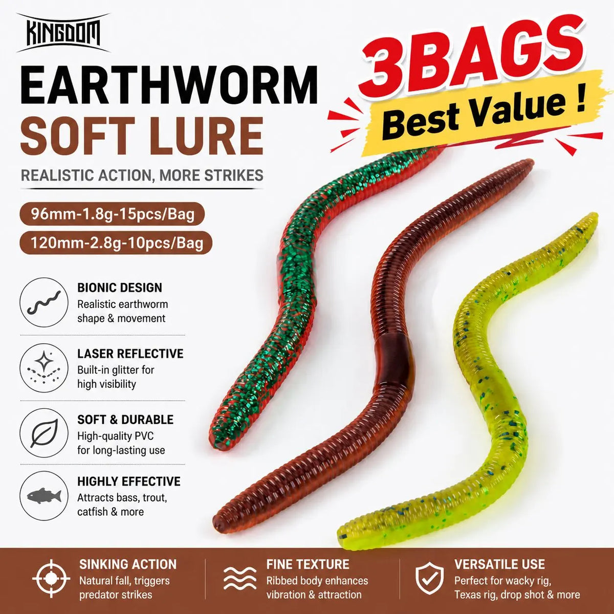 Kingdom 3Bags Set Slow Sinking Soft Bait Fishing Lures 1.8g 96mm & 2.8g 120mm Artificial Sea Worm Earthworm Swimbait for Bass Pike Trout Fishing