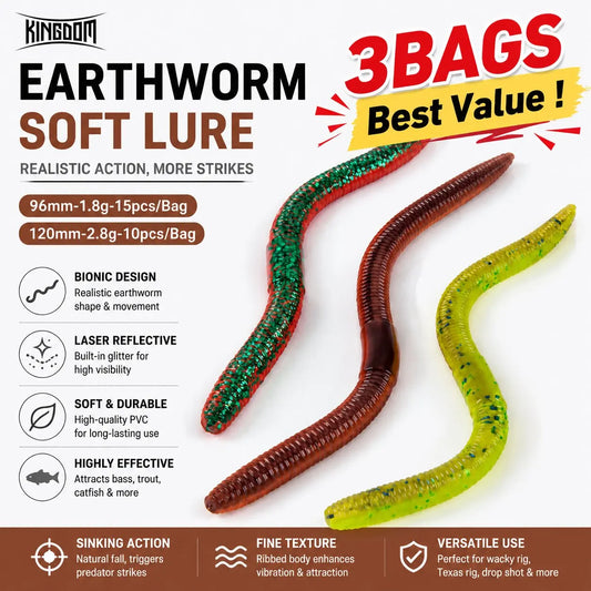 Kingdom 3Bags Set Slow Sinking Soft Bait Fishing Lures 1.8g 96mm & 2.8g 120mm Artificial Sea Worm Earthworm Swimbait for Bass Pike Trout Fishing
