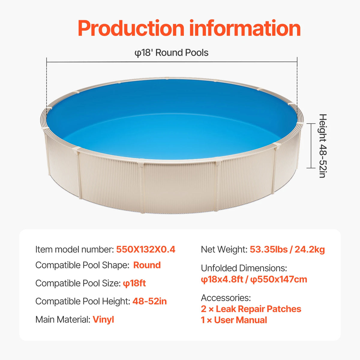 SucceBuy Pool Liner 18ft Round Swimming Pool Liner Standard Gauge Long Lasting Vinyl Pool Liner Overlap Style Liner Replacement