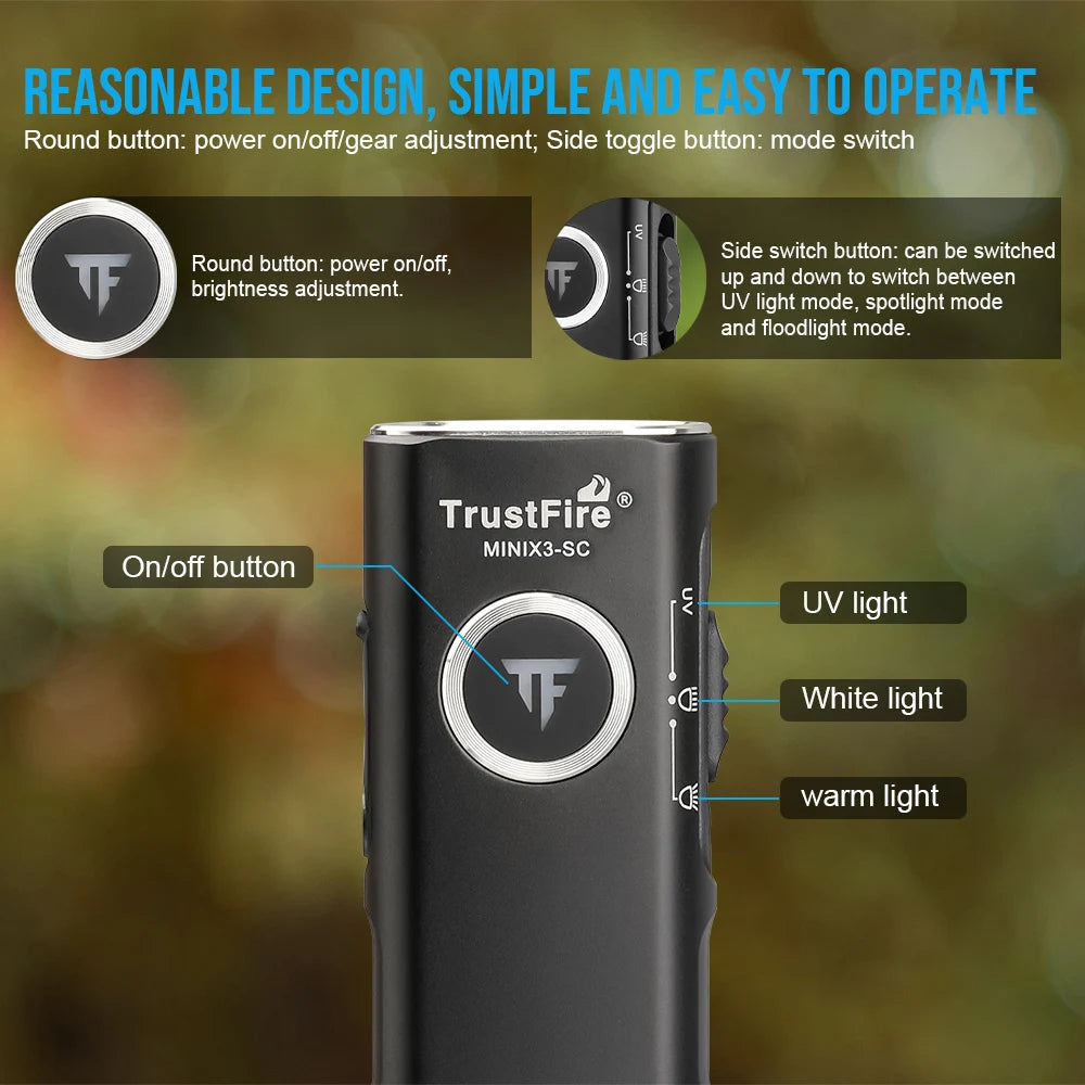 TrustFire MINIX3-SC 3-in-1 Rechargeable EDC LED Flashlight With UV Light 1100 Lumens 1500mAh Pocket Lantern IPX6 Waterproof Flat LED Torch for Camping