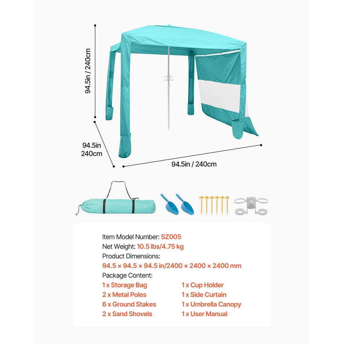 SucceBuy Beach Cabana 8 x 8 ft Adjustable Height Portable UPF 50+ Protection with Side Wall Sand Pockets for Family & Friends